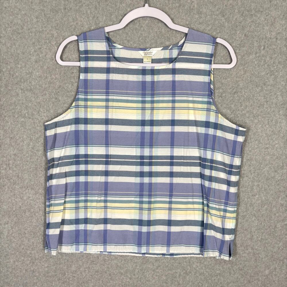 Christopher Banks Tank Top Large Plaid Crop Periwinkle Granny Cottage Farmhouse